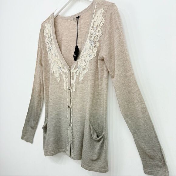 Miss Me Tan Gray Ombré V Neck Lace Trim Rhinestone Jersey Stretch Cardigan NEW - Picture 4 of 16